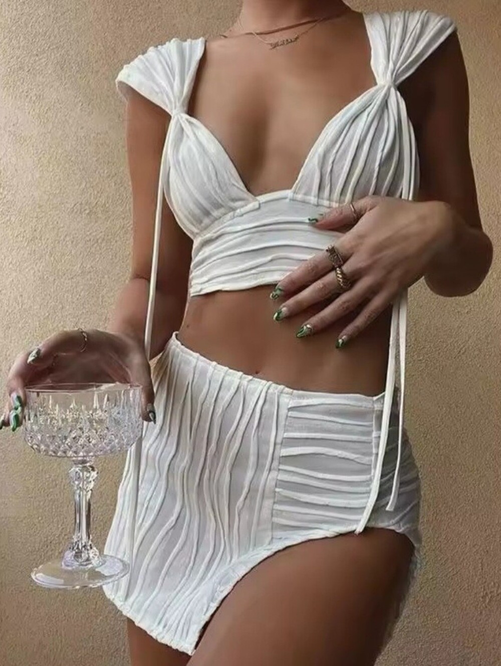 White Ruched Two-Piece Crop Top & Mini Skirt Set